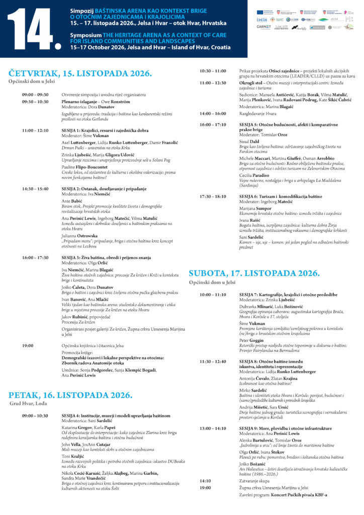 Program simpozija 14. Anatomija otoka, 15.–17. listopada 2026., Jelsa i Hvar
